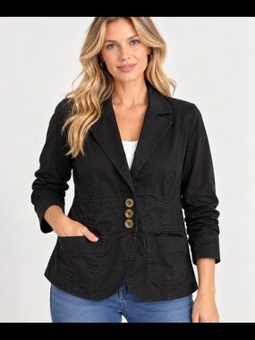 Black Utility Blazer Jacket Cotton Stretch 3 Button Patch Pockets Size L